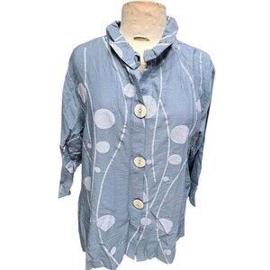 Whispers Tunic Button Down Top Women's Size L Blue White Artsy Retro Boho Chic